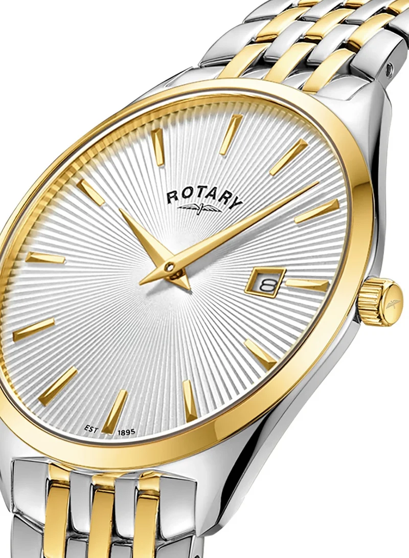 Rotary Men's Ultra Slim Analogue Watch, 38 mm, Silver Dial, Two-Tone Steel Bracelet