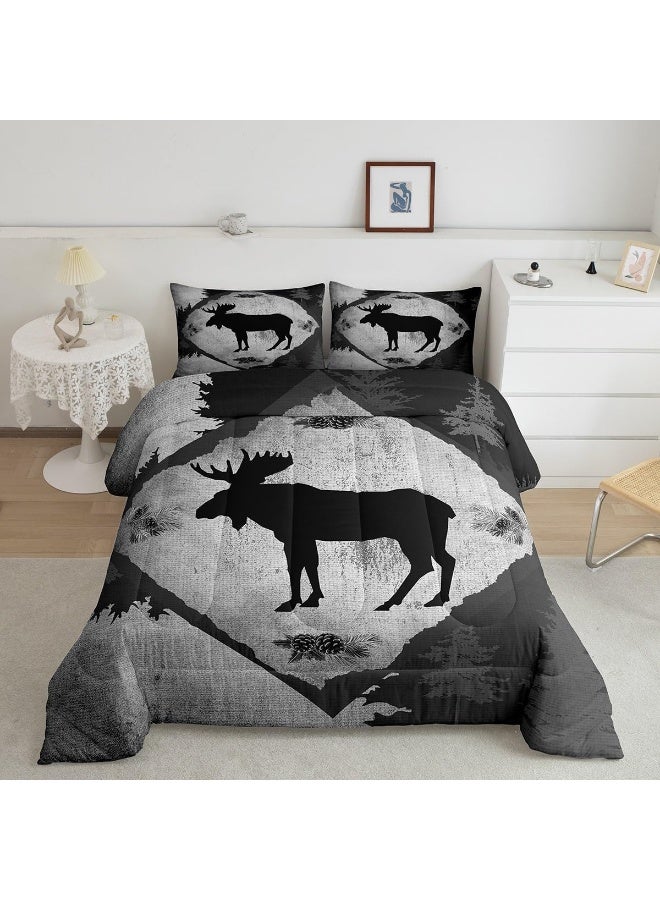 Homewish Lodge Cabin Comforter Set Queen Size 3 Pcs Cartoon Moose Wild Animal Silhouette Comforter for Kids Teens Adults Gray Plaid Jungle Trees Rustic Style Bedding Set with 2 Pillowcases+1 Comforter  - Image 1