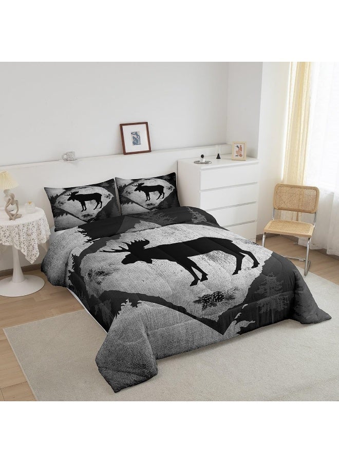 Homewish Lodge Cabin Comforter Set Queen Size 3 Pcs Cartoon Moose Wild Animal Silhouette Comforter for Kids Teens Adults Gray Plaid Jungle Trees Rustic Style Bedding Set with 2 Pillowcases+1 Comforter  - Image 2