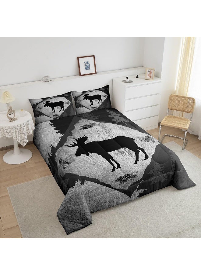 Homewish Lodge Cabin Comforter Set Queen Size 3 Pcs Cartoon Moose Wild Animal Silhouette Comforter for Kids Teens Adults Gray Plaid Jungle Trees Rustic Style Bedding Set with 2 Pillowcases+1 Comforter  - Image 3