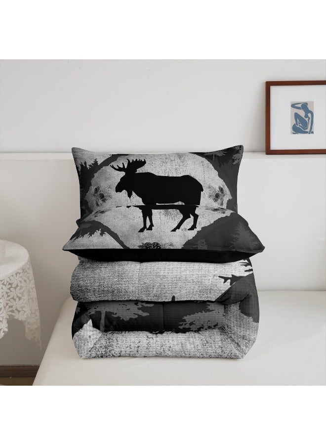 Homewish Lodge Cabin Comforter Set Queen Size 3 Pcs Cartoon Moose Wild Animal Silhouette Comforter for Kids Teens Adults Gray Plaid Jungle Trees Rustic Style Bedding Set with 2 Pillowcases+1 Comforter  - Image 5
