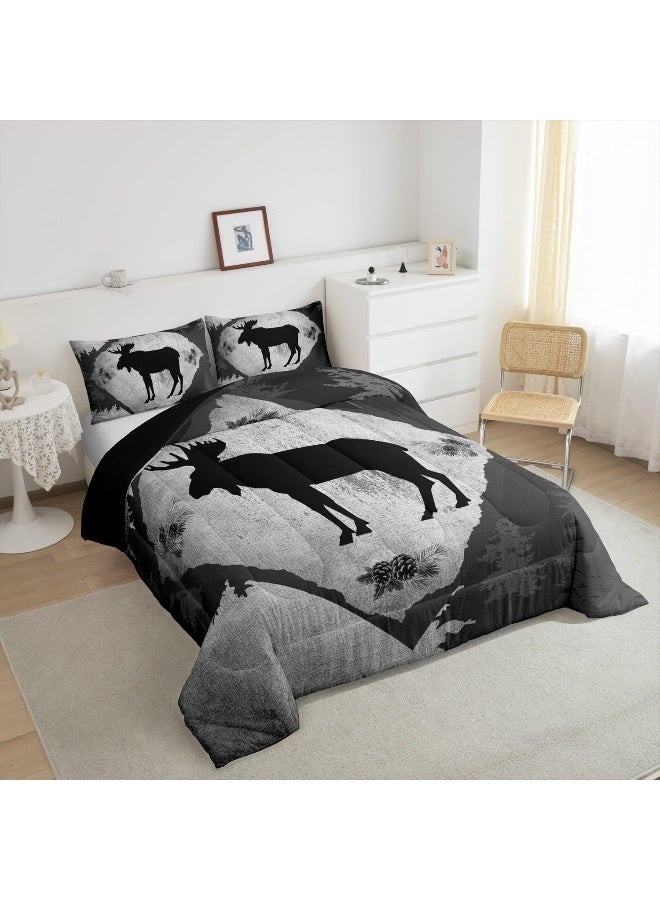 Homewish Lodge Cabin Comforter Set Queen Size 3 Pcs Cartoon Moose Wild Animal Silhouette Comforter for Kids Teens Adults Gray Plaid Jungle Trees Rustic Style Bedding Set with 2 Pillowcases+1 Comforter  - Image 4