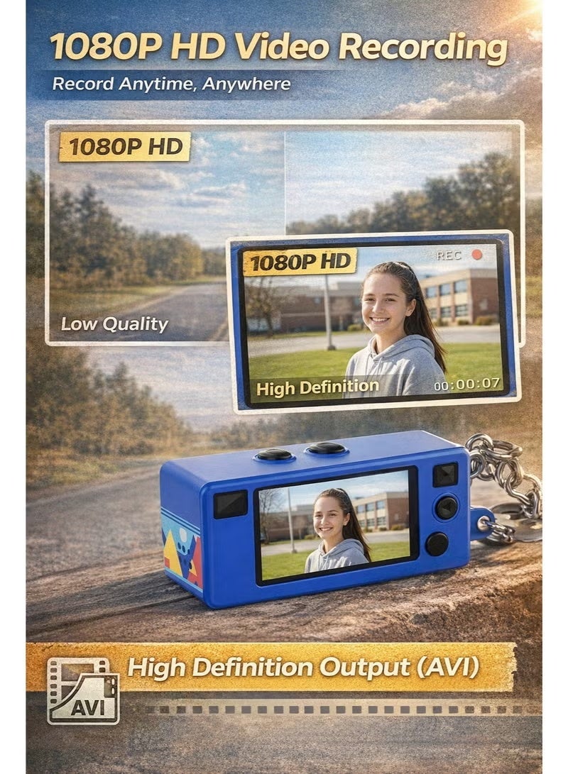 Mini Digital Camera 1080P HD Video Recorder, Retro Thumb Pocket Camera with 0.96" LCD Screen, Portable Vlogging Keychain Camera, 5 Filters, PC Webcam, Mic & Speaker, Rechargeable Travel Camera for Kids, Teens & Content Creators, Supports 32GB TF Card (Blue) - Image 4