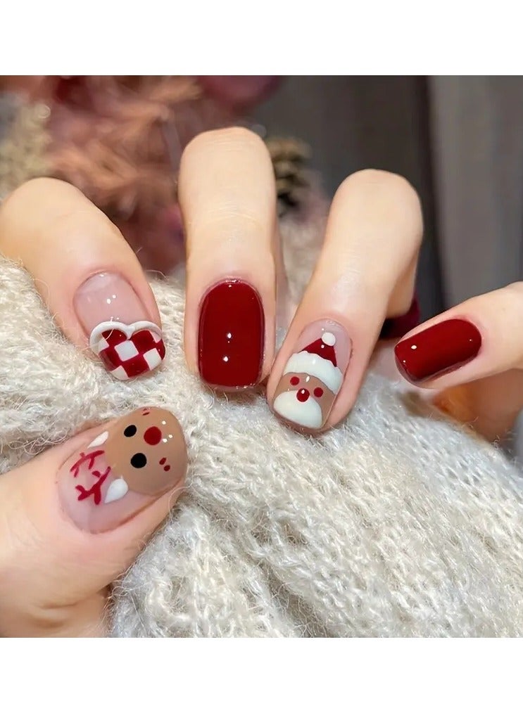 ORiTi 24PCS Square Coffin Red Press On Nails Short, Checkerboard Snowman Elk Medium Length Fake Nails, Reusable False Nails Kit For Women  - Image 1