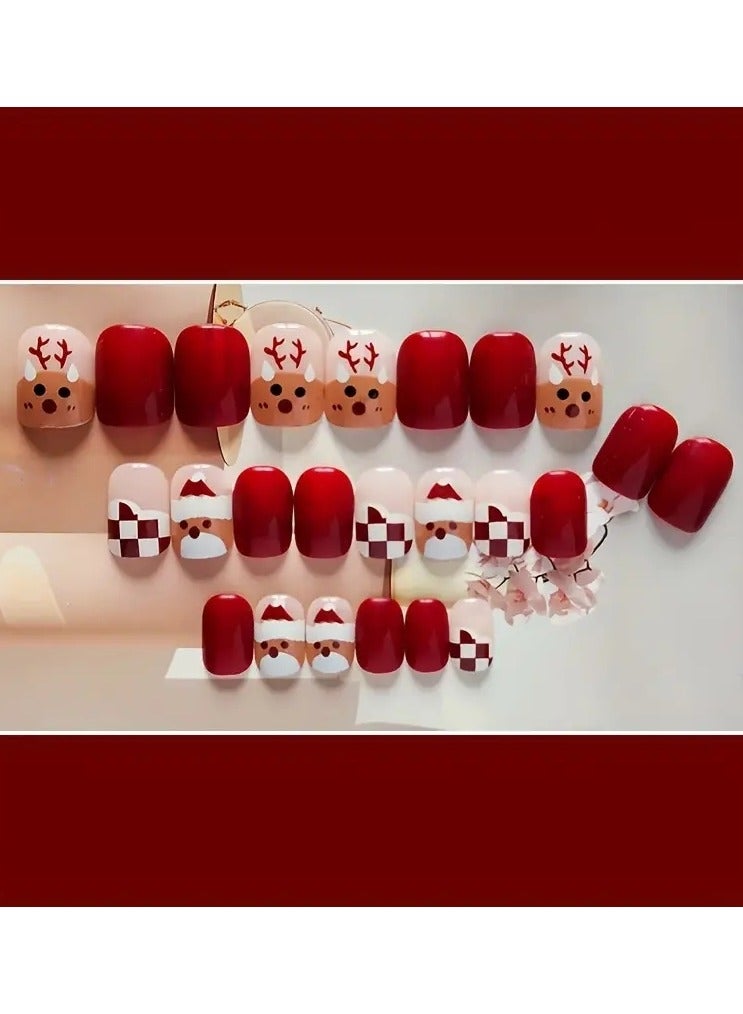 ORiTi 24PCS Square Coffin Red Press On Nails Short, Checkerboard Snowman Elk Medium Length Fake Nails, Reusable False Nails Kit For Women  - Image 2