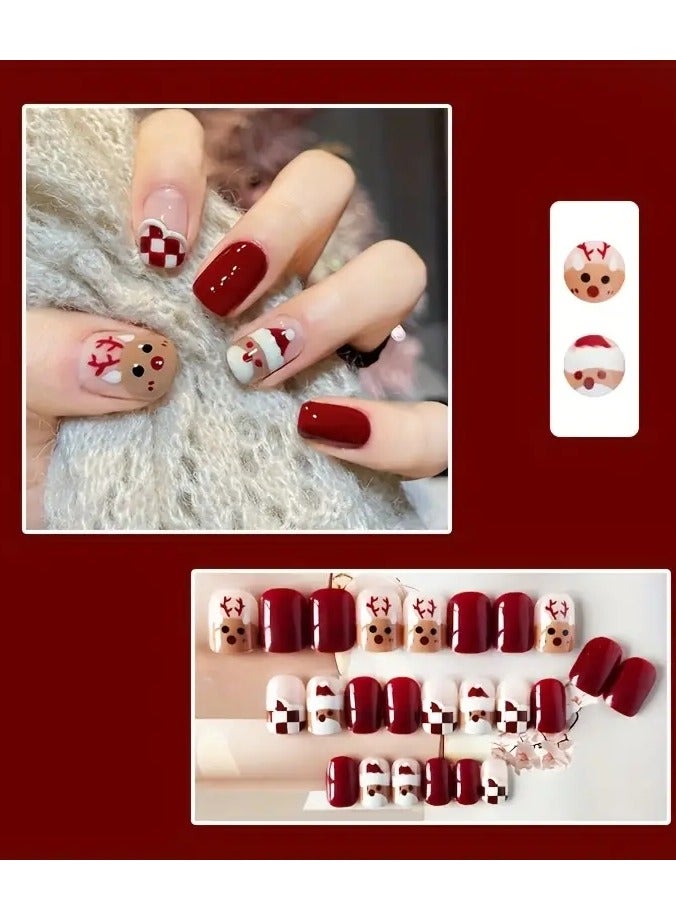 ORiTi 24PCS Square Coffin Red Press On Nails Short, Checkerboard Snowman Elk Medium Length Fake Nails, Reusable False Nails Kit For Women  - Image 4