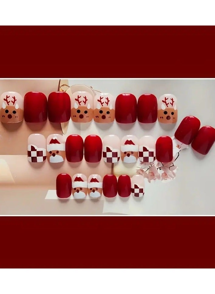 ORiTi 24PCS Square Coffin Red Press On Nails Short, Checkerboard Snowman Elk Medium Length Fake Nails, Reusable False Nails Kit For Women  - Image 5