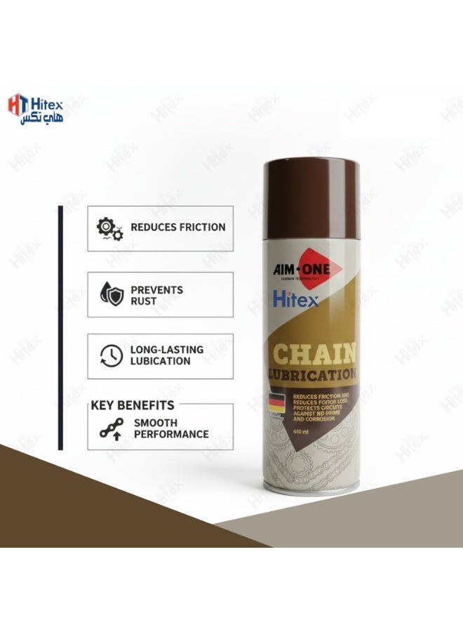 Hitex AIM-ONE Chain Lubrication Spray 450ml – High Penetration Chain Lube for Bikes, Motorcycles, ATVs & Chainsaws | Reduces Friction & Wear, Protects Against Moisture & Corrosion | Long-Lasting, Water-Resistant Formula with Straw (1) - Image 2