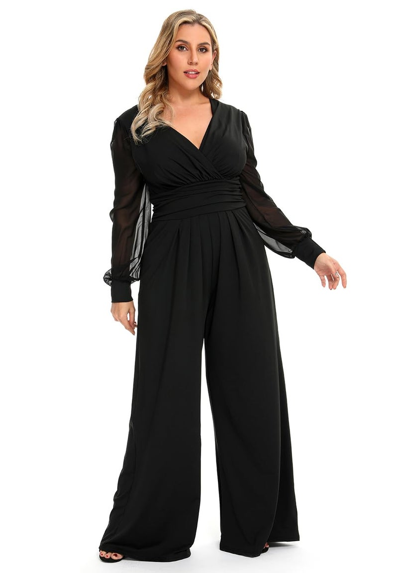 RED DOT BOUTIQUE 701 - Plus Size Mesh Long Sleeve V Wrap Neck Wide Leg Pants One Piece Jumpsuit (Black, 2X) - Image 2