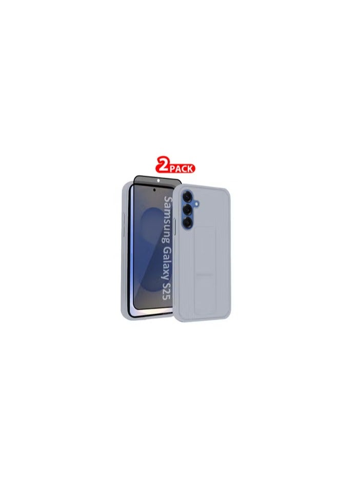 CATANES Galaxy S25 2Packs Case Silicone with Stand Function Finger Grip Case Cover with 1 Shock Proof Screen Protector / Light Grey - Image 1
