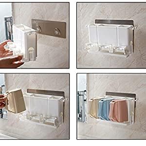 CHALISA This Wall Mounted 3 Cup Toothbrush Holder, with 6 Tooth Brush Holder Hooks, has a Stand Where You can Put Creams, Combs, face wash etc.(Pack of 1) - Image 3