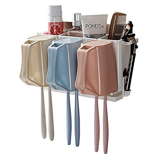 CHALISA This Wall Mounted 3 Cup Toothbrush Holder, with 6 Tooth Brush Holder Hooks, has a Stand Where You can Put Creams, Combs, face wash etc.(Pack of 1) - Image 1