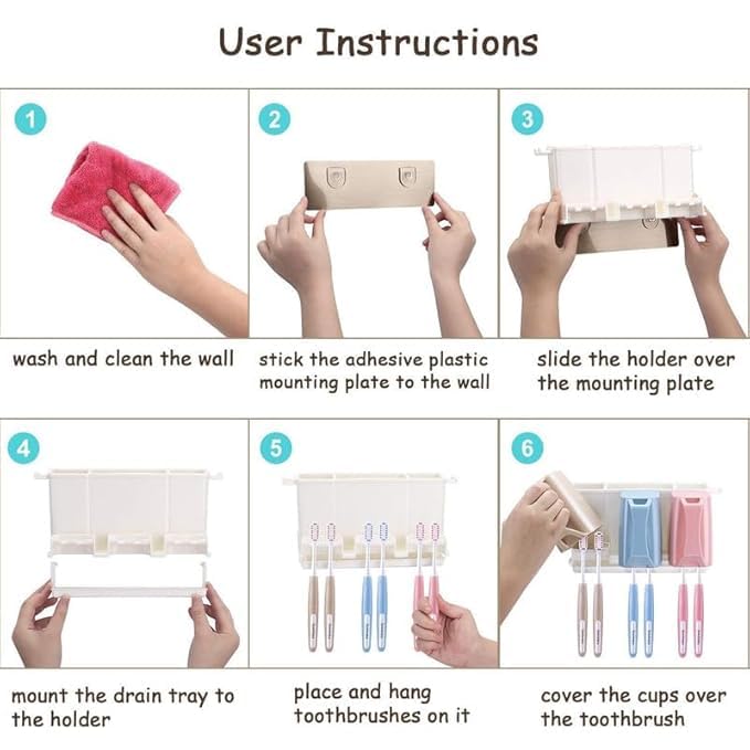 CHALISA This Wall Mounted 3 Cup Toothbrush Holder, with 6 Tooth Brush Holder Hooks, has a Stand Where You can Put Creams, Combs, face wash etc.(Pack of 1) - Image 4