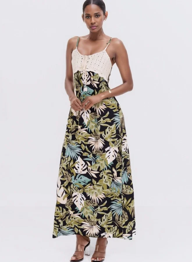 HaILYS Spaghetti Strap Crochet Bodice Maxi Dress - Tropical Leaf Print