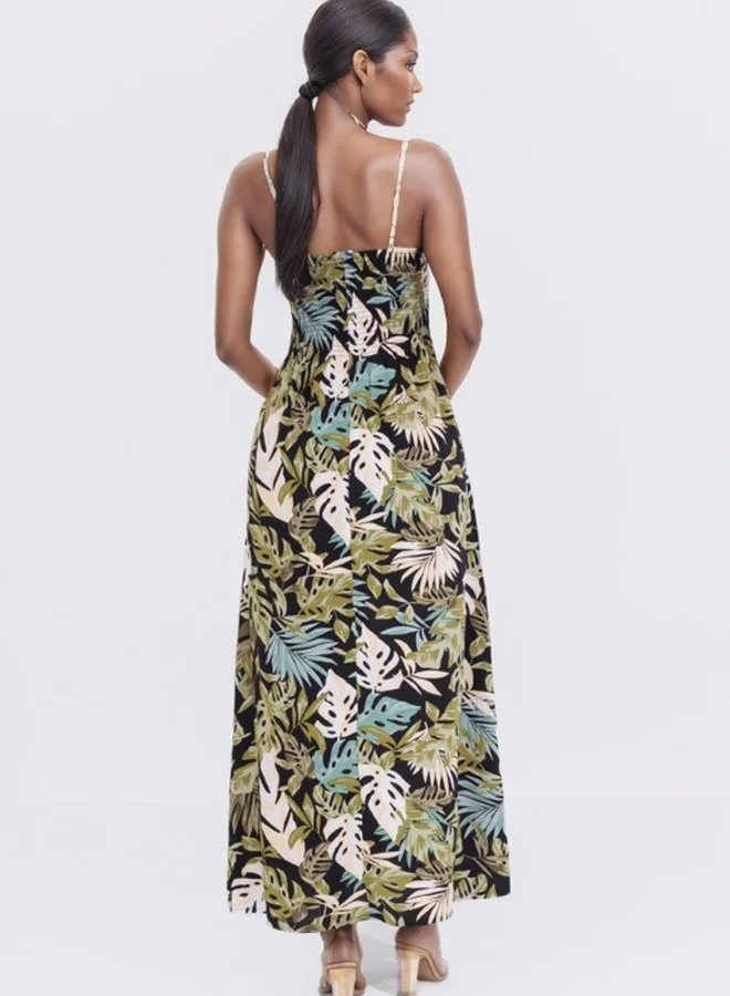 HaILYS Spaghetti Strap Crochet Bodice Maxi Dress - Tropical Leaf Print