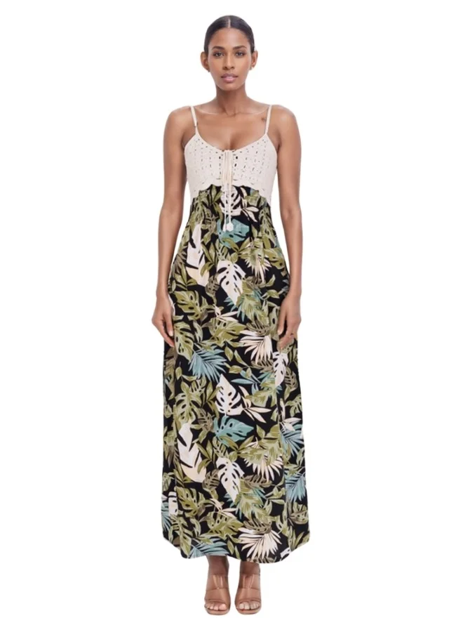 HaILYS Spaghetti Strap Crochet Bodice Maxi Dress - Tropical Leaf Print