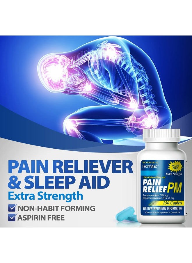 HealthA2Z - ® Extra Strength Pain Relief PM| Acetaminophen 500mg | Diphenhydramine 25mg | Pain Reliever & Nighttime Sleep Aid | Non-Habit Forming (150 Count (Pack of 1)) - Image 1
