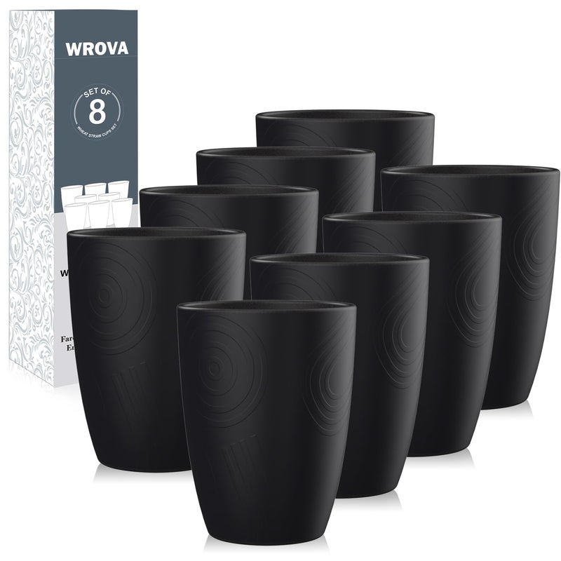 Wrova Wheat Straw Cups 8 PCS Good Alternative to Plastic Reusable Cups 12 oz Unbreakable Drinking Cup Reusable Dishwasher Safe Water Plastic Glasses Pure Black - Image 1