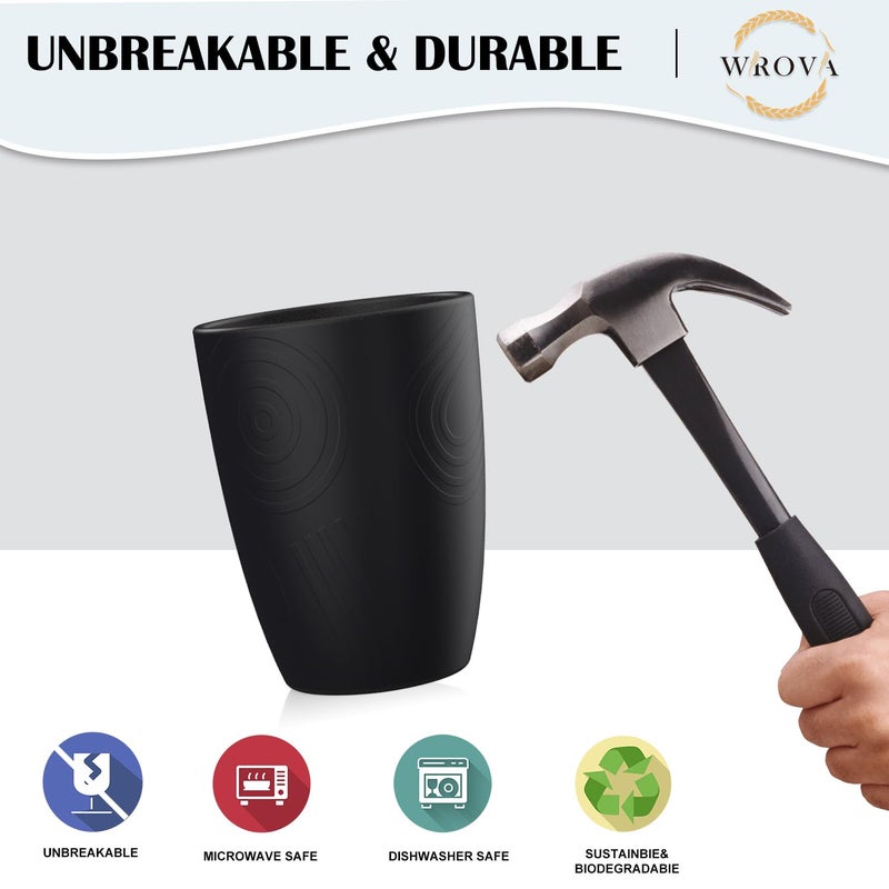 Wrova Wheat Straw Cups 8 PCS Good Alternative to Plastic Reusable Cups 12 oz Unbreakable Drinking Cup Reusable Dishwasher Safe Water Plastic Glasses Pure Black - Image 4