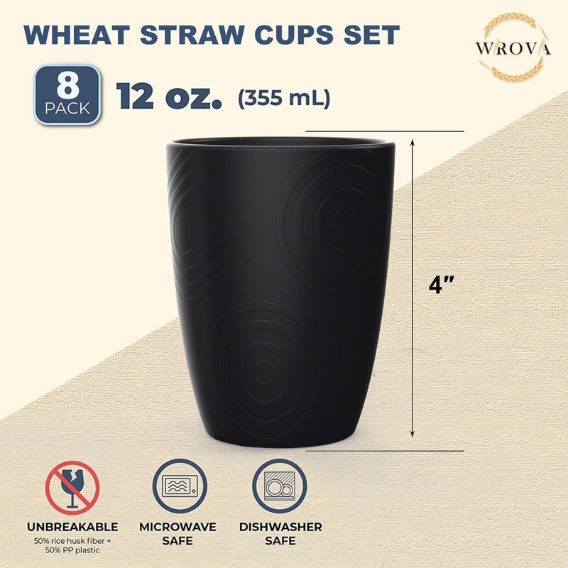 Wrova Wheat Straw Cups 8 PCS Good Alternative to Plastic Reusable Cups 12 oz Unbreakable Drinking Cup Reusable Dishwasher Safe Water Plastic Glasses Pure Black - Image 2