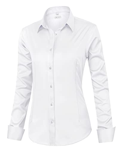 siliteelon Womens Classic-Fit Dress Shirts Long Sleeve Button Down Wrinkle-Free Stretch Solid Casual Work Office Blouse Top White X-Large - Image 1