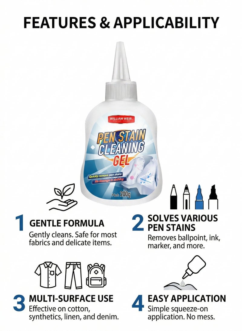 WILLIAM WEIR 200g Ink Spot Stain Remover Gel Cleaner for Clothes - Removes Ink, Ballpoint, Sharpie, Grease and More, Works on Set-in Stains, Gentle but Powerful Laundry Cleaning - Image 4