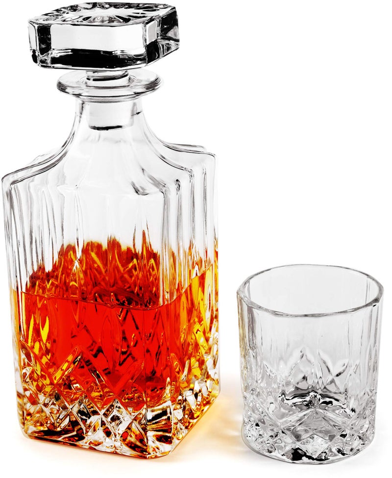 Circleware Wellfort Whiskey Decanter Entertainment Set of 5, 1 Liquor Dispenser Beverage Bottle with Square Stopper and 4 Matching Bar Drinking Glasses, 710ml Carafe & 7.5 oz Cups, Clear - Image 1