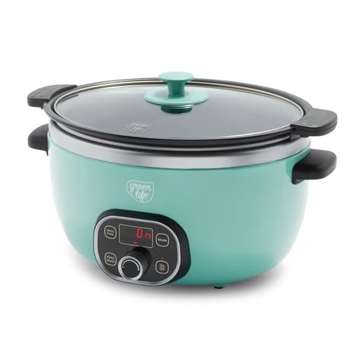 GreenLife GreenLife 6 Quart Ceramic Slow Cooker PFASFree Programmable Removable Healthy Nonstick Pot for Family Meals Sear on Stovetop Keep Warm Digital Timer Dishwasher Safe Glass Lid Turquoise 