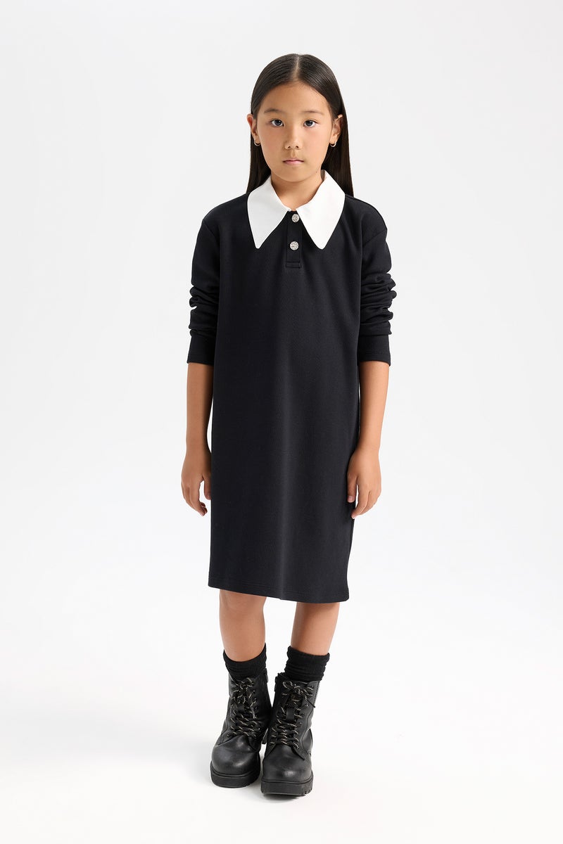 DeFacto Girl Shirt Collar Basic Long Sleeve Black Dress - Image 2