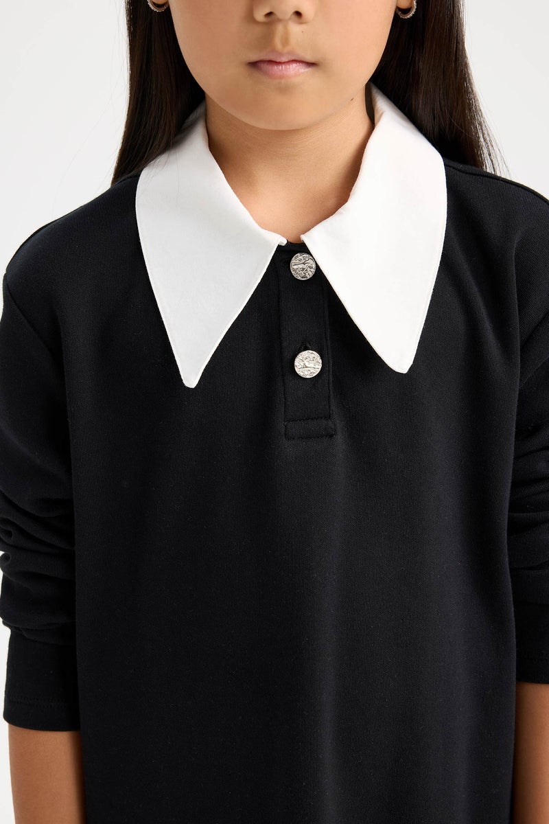 DeFacto Girl Shirt Collar Basic Long Sleeve Black Dress - Image 5