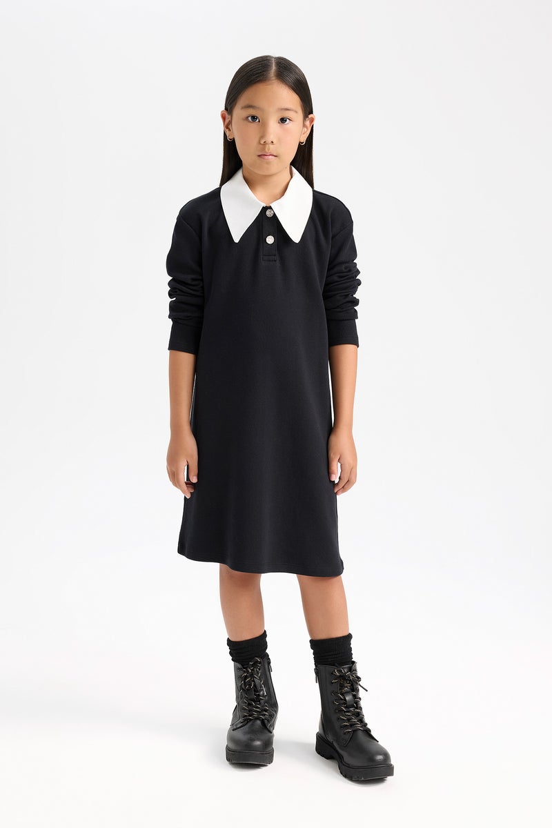 DeFacto Girl Shirt Collar Basic Long Sleeve Black Dress - Image 1