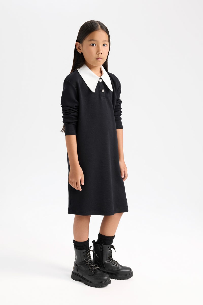 DeFacto Girl Shirt Collar Basic Long Sleeve Black Dress - Image 4