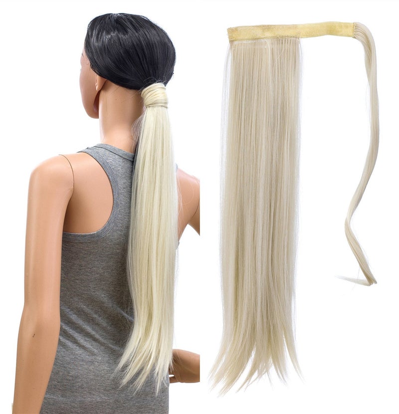 SWACC Women Long StraightCurly Wavy Wrap Around Ponytail Extension Synthetic Hair Piece Clip in Hair extensions Straight Platinum Blonde60