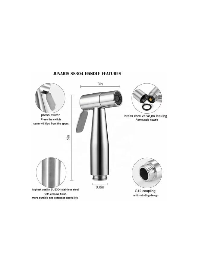 The Bros Handheld Shattaf Set Sprayer for Toilet Bidet Shattaf Set with 1.2M hose Cloth Diaper Bathroom Cleaning Muslim Shower Personal Hygiene Stainless Steel Brushed (Stainless Steel) - Image 2