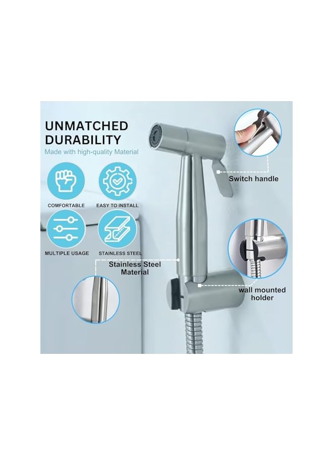 The Bros Handheld Shattaf Set Sprayer for Toilet Bidet Shattaf Set with 1.2M hose Cloth Diaper Bathroom Cleaning Muslim Shower Personal Hygiene Stainless Steel Brushed (Stainless Steel) - Image 3