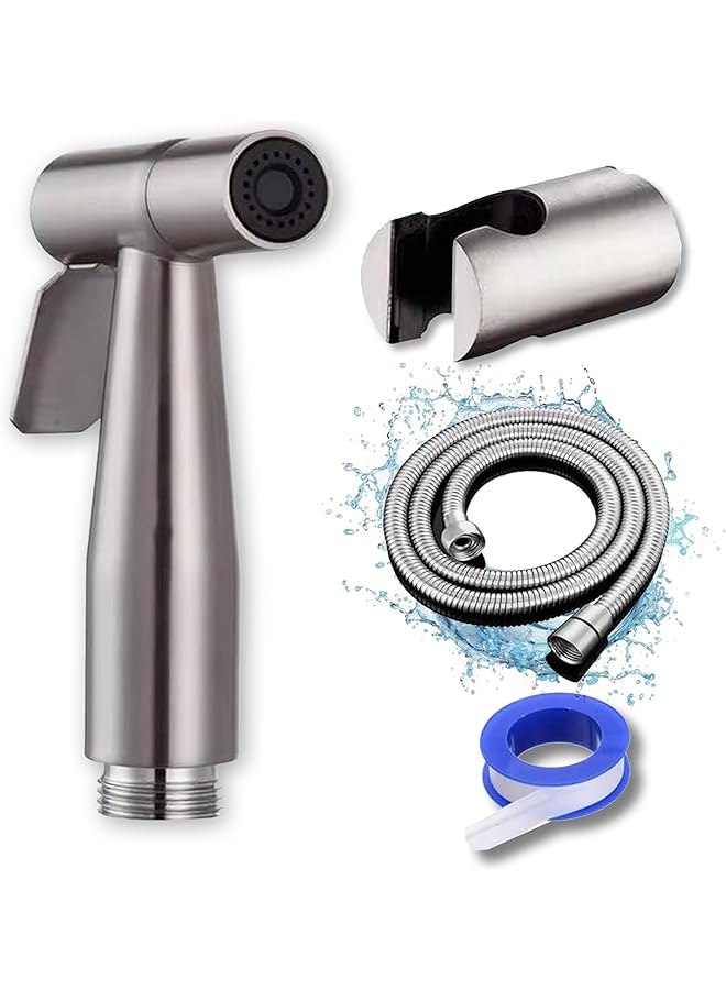 The Bros Handheld Shattaf Set Sprayer for Toilet Bidet Shattaf Set with 1.2M hose Cloth Diaper Bathroom Cleaning Muslim Shower Personal Hygiene Stainless Steel Brushed (Stainless Steel) - Image 1