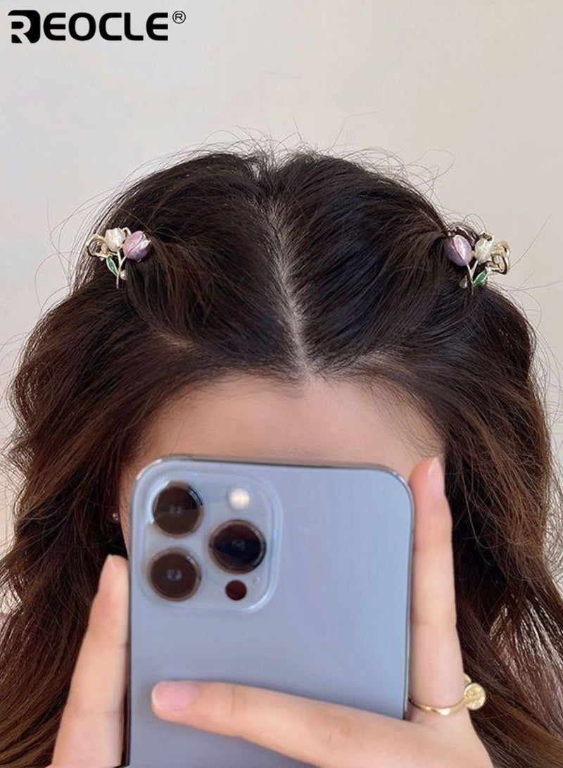 REOCLE 2PCS Women's Mini Hair Claw Set Tulip & Pearl Decorative Hairpin Delicate Small Hair Styling Accessories Versatile Multi-Piece Hair Clips for Daily Use - Image 3