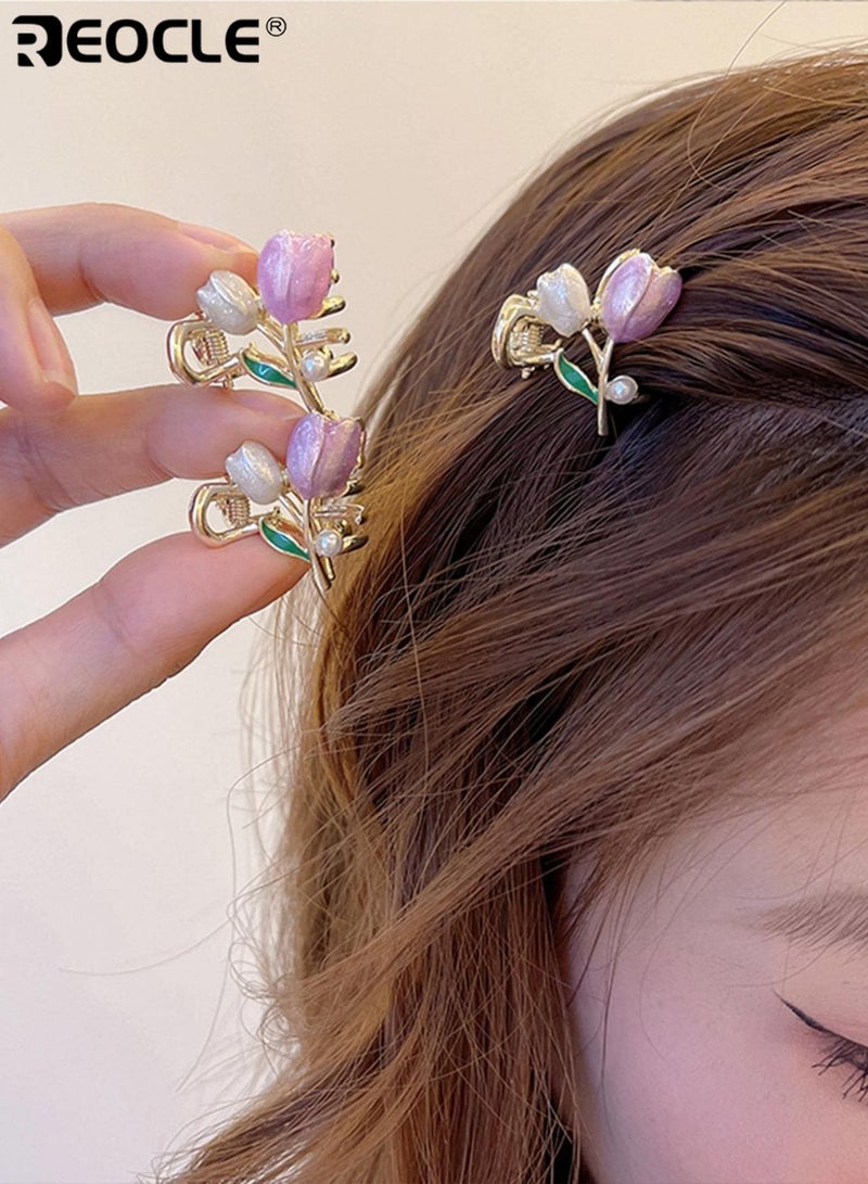 REOCLE 2PCS Women's Mini Hair Claw Set Tulip & Pearl Decorative Hairpin Delicate Small Hair Styling Accessories Versatile Multi-Piece Hair Clips for Daily Use - Image 1