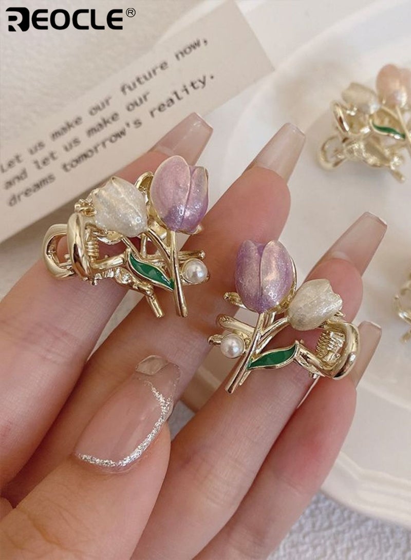 REOCLE 2PCS Women's Mini Hair Claw Set Tulip & Pearl Decorative Hairpin Delicate Small Hair Styling Accessories Versatile Multi-Piece Hair Clips for Daily Use - Image 4
