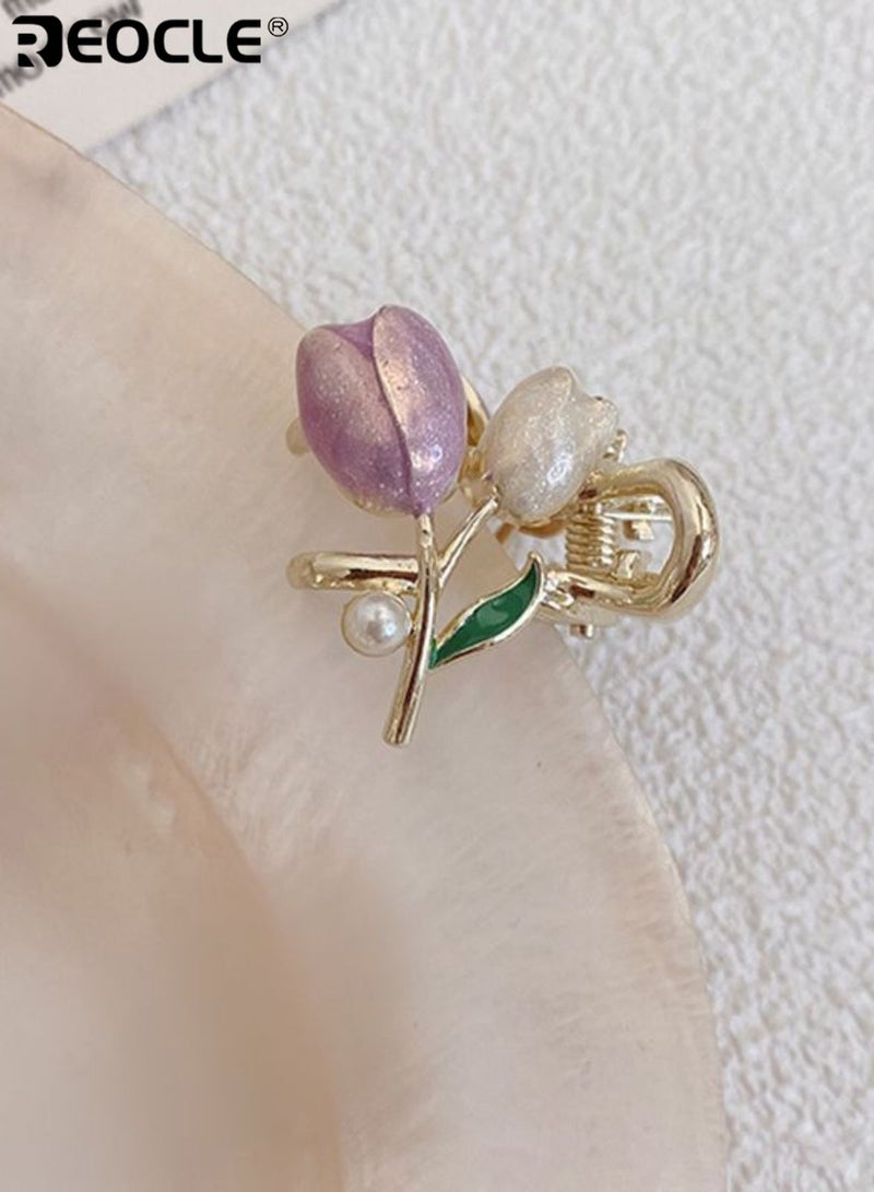 REOCLE 2PCS Women's Mini Hair Claw Set Tulip & Pearl Decorative Hairpin Delicate Small Hair Styling Accessories Versatile Multi-Piece Hair Clips for Daily Use - Image 5