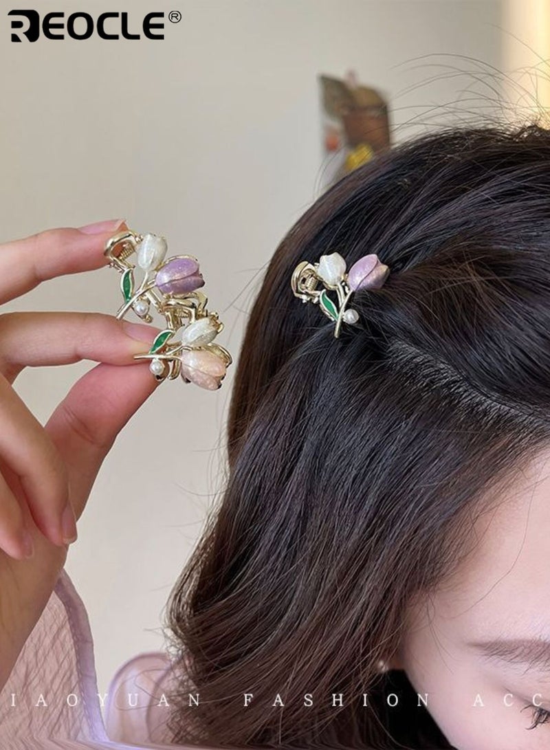 REOCLE 2PCS Women's Mini Hair Claw Set Tulip & Pearl Decorative Hairpin Delicate Small Hair Styling Accessories Versatile Multi-Piece Hair Clips for Daily Use - Image 2