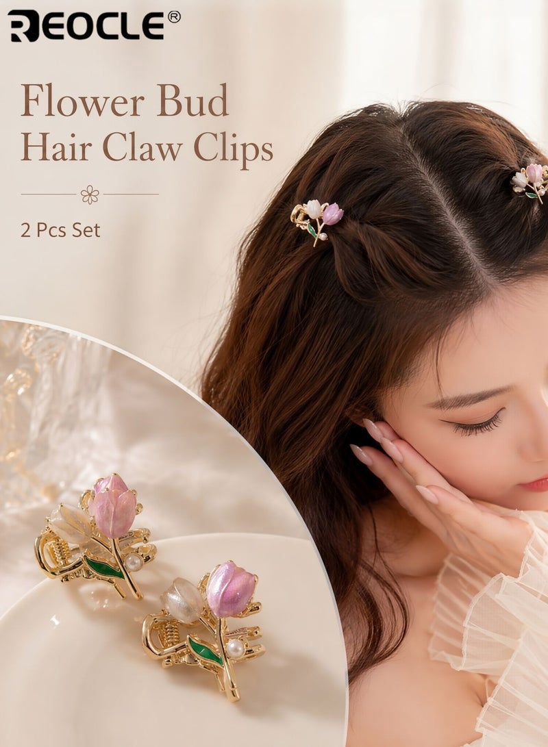 REOCLE 2PCS Women's Mini Hair Claw Set Tulip & Pearl Decorative Hairpin Delicate Small Hair Styling Accessories Versatile Multi-Piece Hair Clips for Daily Use - Image 1
