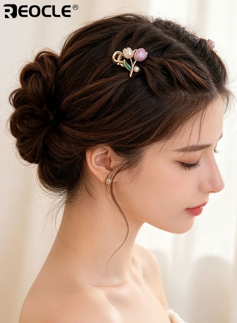 REOCLE 2PCS Women's Mini Hair Claw Set Tulip & Pearl Decorative Hairpin Delicate Small Hair Styling Accessories Versatile Multi-Piece Hair Clips for Daily Use - Image 3