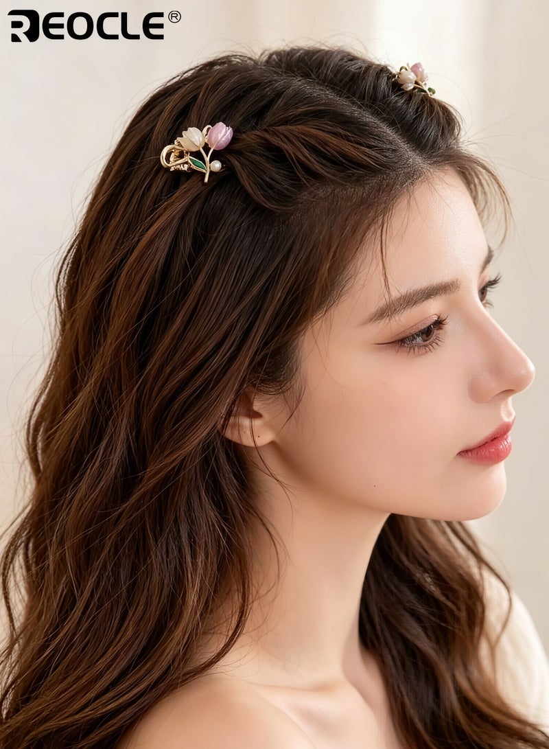 REOCLE 2PCS Women's Mini Hair Claw Set Tulip & Pearl Decorative Hairpin Delicate Small Hair Styling Accessories Versatile Multi-Piece Hair Clips for Daily Use - Image 2