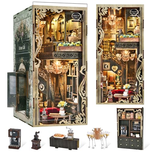 CCCDF Book Nook Kits for Adults and Teens DIY Miniature Dollhouse Kit 3D Wooden Puzzle Booknook Bookend with LED Light Gifts for Family Friends Saison Caf - Image 1