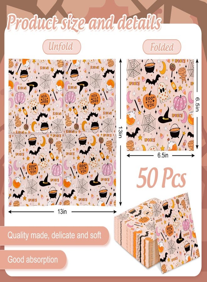 JarThenaAMCS 50 Pack Halloween Paper Napkins Cartoon Ghost Pumpkin Spider Web Luncheon Napkin Pink Disposable Dessert Dinner Hand Napkin for Party Supplies - Image 2