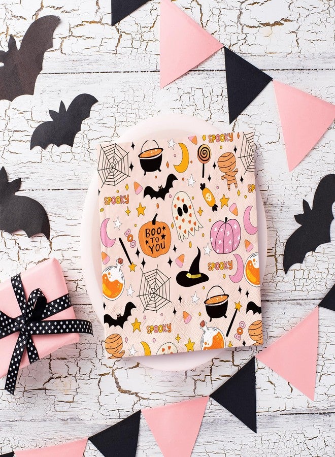 JarThenaAMCS 50 Pack Halloween Paper Napkins Cartoon Ghost Pumpkin Spider Web Luncheon Napkin Pink Disposable Dessert Dinner Hand Napkin for Party Supplies - Image 4
