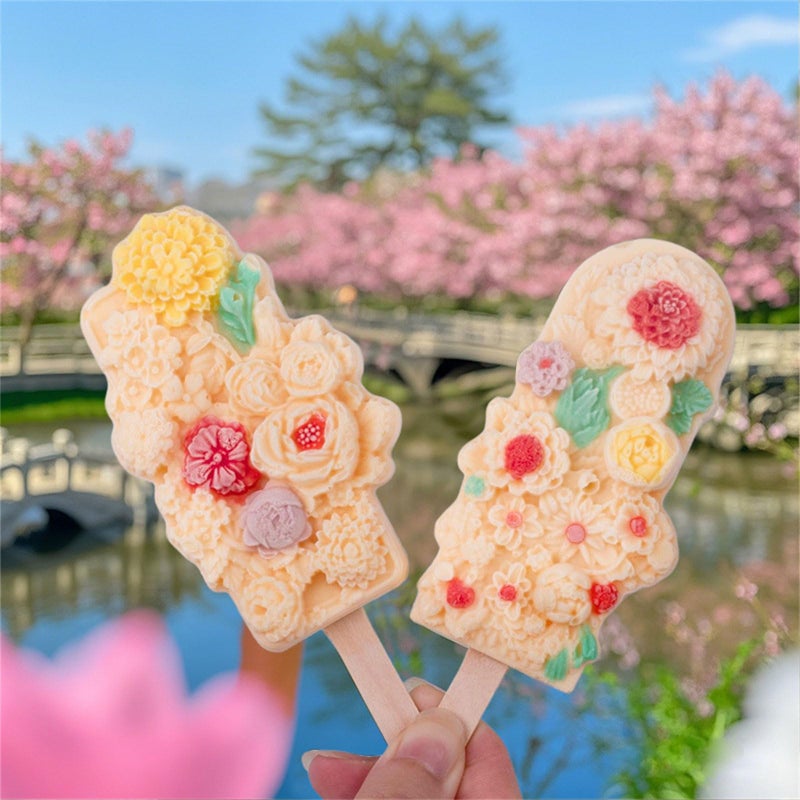 Green Silicone Flower Shape Ice Cream Mold 4 Cavity Popsicle Maker Baking Tool - Image 5