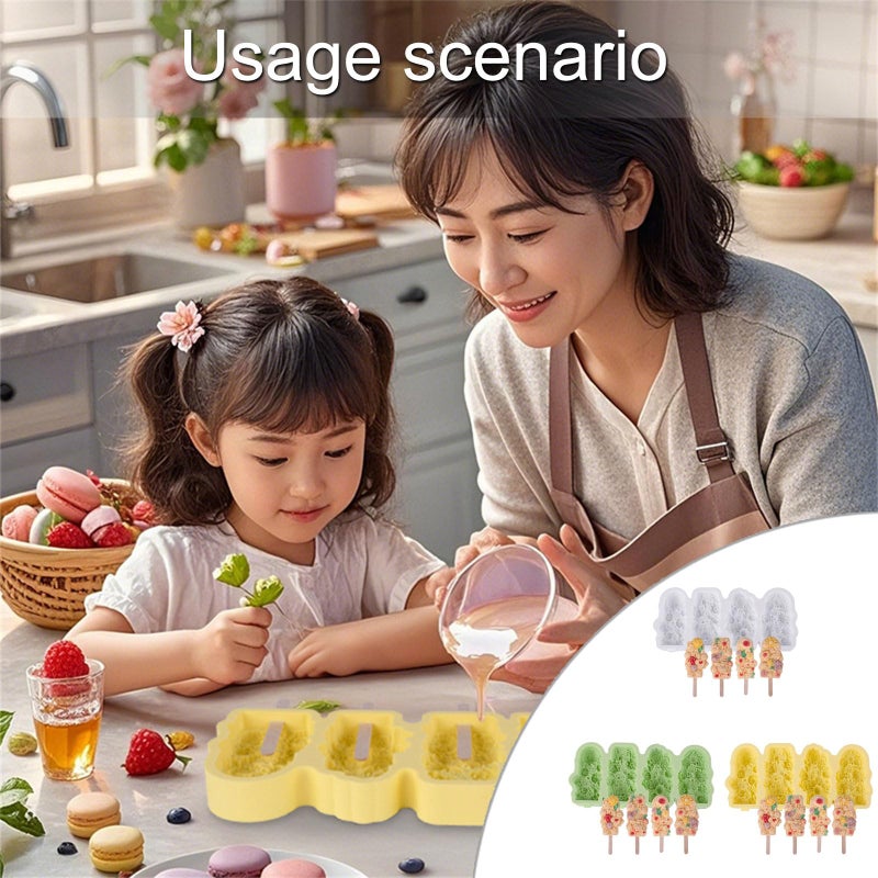 Green Silicone Flower Shape Ice Cream Mold 4 Cavity Popsicle Maker Baking Tool - Image 3