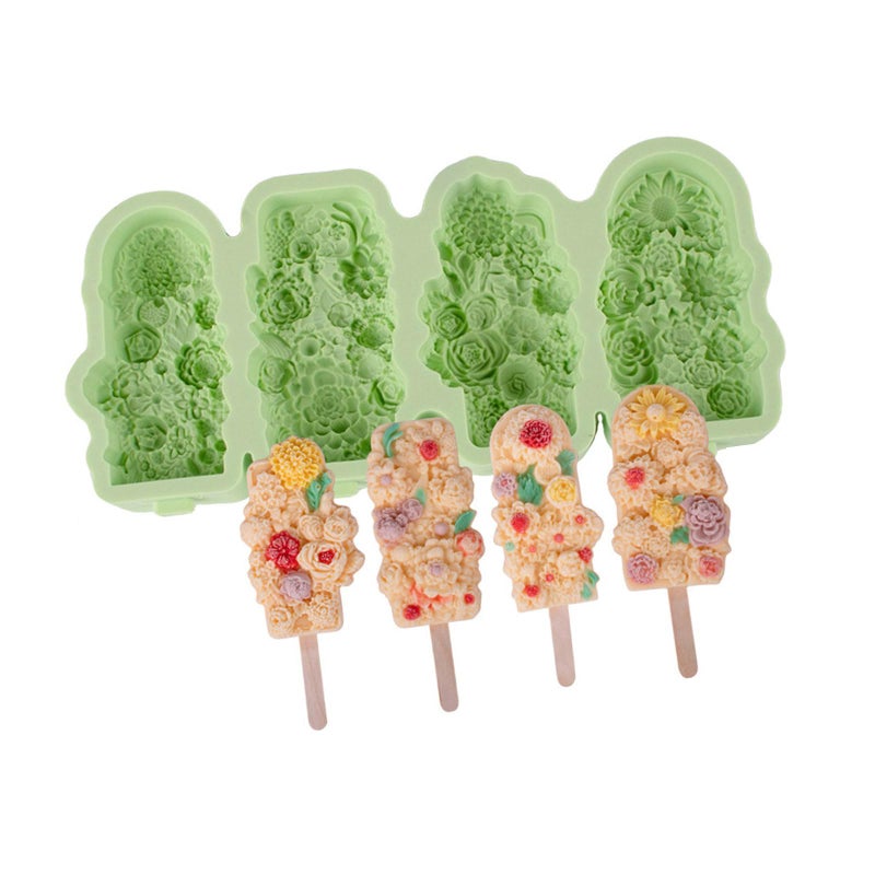 Green Silicone Flower Shape Ice Cream Mold 4 Cavity Popsicle Maker Baking Tool - Image 2